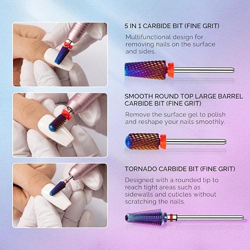 MelodySusie 3Pcs Nail Drill Bits Set, 3/32'' Carbide Tungsten Bits, 5 in 1, Smooth Round Top Large Barrel and Tornado Bits, Suitable for Manicure Pedicure Cuticle Gel Acrylic Remover, Purple thumbnail 4