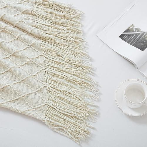 BOURINA Beige Throw Blanket 50x60 Inch Boho Knitted Soft Throw Sofa Blanket | Knitted Throw Blanket 50x60 Inches, Soft Lightweight Boho Weave Throw Decorative Couch Blanket for Living Room Bedroom Chair thumbnail 5