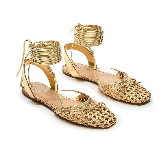 Lhamo Latso Woven Ballet Flats for Women Lace Up Closed Square Toe Summer Flats Shoes - Image 1