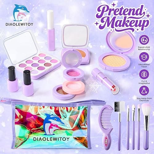 DIAOLEWITOY Pretend Makeup Kit for Girls - 30-Piece Play Cosmetic Set, Birthday Gift for Kids Ages 3-6 Years Old (Purple) thumbnail 3