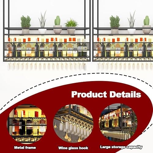 RAJYQODIS Hanging Wine Rack, Metal Hanging Wine Glass Rack, 2-Tier Bar Display Wine Storage Holder, for Bar Restaurant Cafe Kitchen (Black, 140cm) thumbnail 3