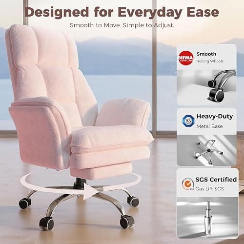 Big and Tall Office Chair, Flip Armrests for Pets & Cross Legged Sitting | Executive Ergonomic Computer Gaming Chair with Foot Rest, Teddy Fleece Wide Seat Reclining Desk Chair, Pink thumbnail 5