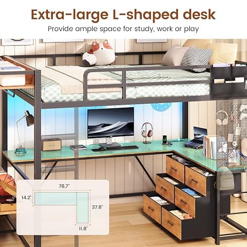 Itaar Twin Loft Bed with L-Shaped Desk and 8 Storage Drawers, Metal Kids Loft Bed Twin with Led Lights & Charging Sation, Hall Tree, Safety Guard & Ladder, No Box Spring Needed, Rustic Brown thumbnail 5