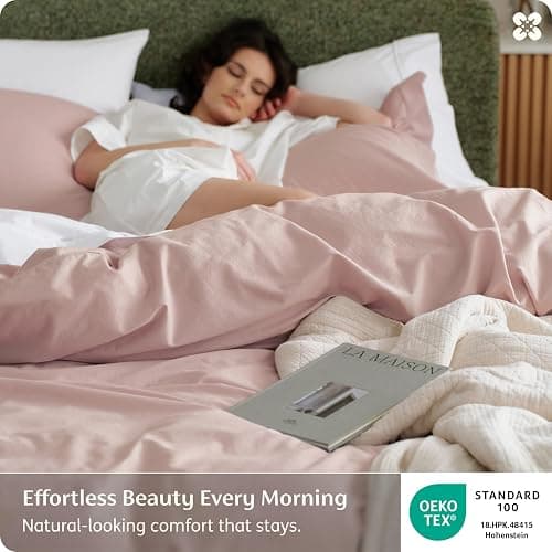 Bedsure PureWoven 100% Washed Cotton Duvet Cover Set, Queen Size, 3-PC | Linen Like Texture, Percale Breathable Bedding Set for All Seasons, Zipper Closure, 8 Corner Ties, Petal Pink, 90" X 90" thumbnail 3