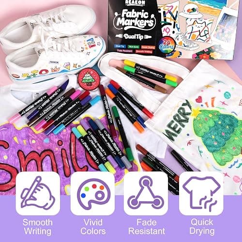 Reaeon Fabric Markers Pen, 24 Colors Dual Tip Fabric & T-Shirt Marker Set, Permanent Fabric Paint Pens for Clothing Canvas Tote Bags and Shoes (Chisel & Fine Tip) thumbnail 6