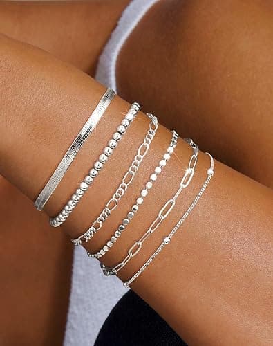 DEARMAY Dainty Silver Plated Chain Bracelets for Women Trendy, Waterproof Silver Jewelry Sets Fashion Stackable Beaded Figaro Herringbone Paperclip Chain Bracelet Pack Stack Gifts thumbnail 8
