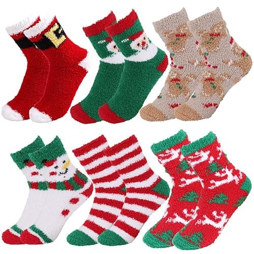 CCINEE 6 Pairs Christmas Fluffy Socks,Xmas Winter Warm Soft Socks Fuzzy Slipper Bed Socks for Christmas Holiday Party - Image 1