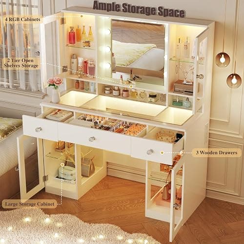 HUAHUU Vanity Desk with Mirror and RGB Lights, 43" Large Makeup Vanity with Glass Top, 4 Large Glass Cabinets, Power Outlet & 3 Drawers, 3 Colors Lighting Adjustable Brightness for Bedroom, White thumbnail 5