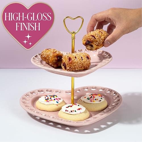 Paris Hilton 2-Tier Heart Serving Tray, Iconic Ceramic Stoneware with Metal Handle, Easy Assembly for Stylish Display, 9-Inch and 7-Inch Plates, Pink thumbnail 3