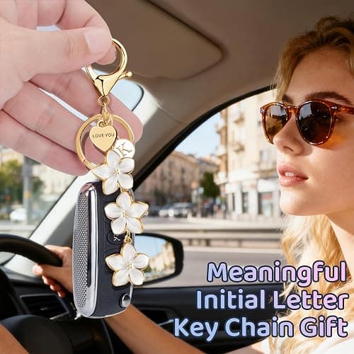 New Fashion Kingdom Initial Keychain Big Flower Cute Keychain Girl Purse Charms for Handbag Cute Letter Keyring for Backpack thumbnail 3