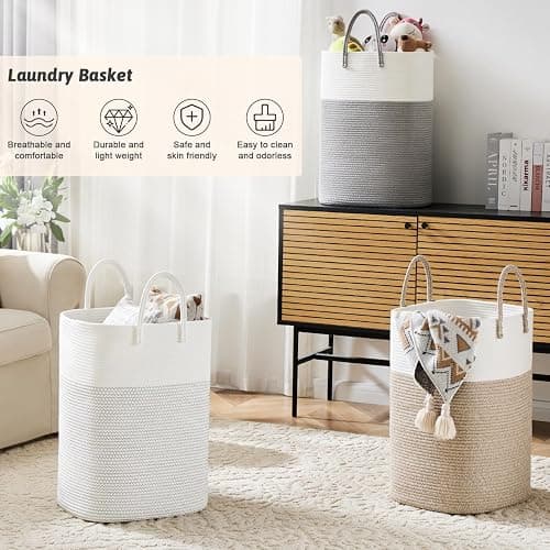 Laundry Basket,Woven Cotton Rope Laundry Hamper,Versatile Storage for Dirty Clothes,Baby Toys,and Blankets in Bathroom, Nursery,and Living Room (Brown, 100L) thumbnail 4