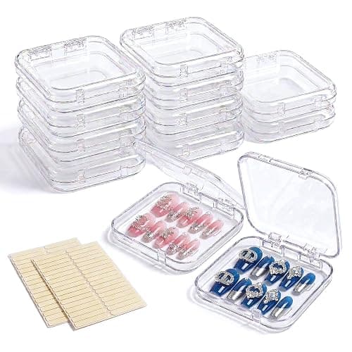 12 Pcs Press on Nail Storage Box with 60 Pcs Double Sided Adhesive Tapes, Nail Packaging Boxes Fake Nail Display Case Crystal Clear Nail Storage Box with Gift Box for Nail Art Business Nail Salon - Image 1