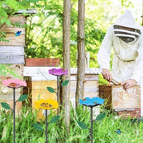 4 Pack Bee Watering Stations, Bee Feeders for Garden with 40PCS Glass Marbles,Colorful Butterfly Bath Bowl Waterer, Metal Butterfly Water Feeder for Outdoor Yard Courtyard Decor (4Pcs) thumbnail 4