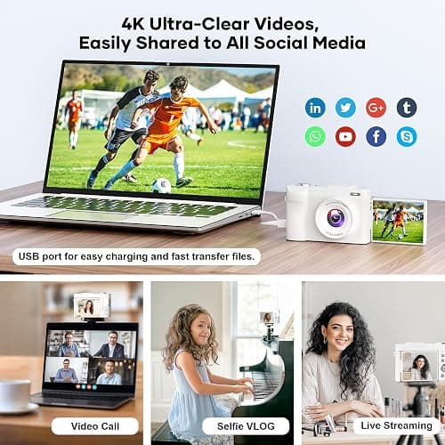 4K Digital Camera for Photography, Small Vlogging Camera with Flip Screen for YouTube, 50MP 16X Zoom, Portable Travel Cameras with 32GB SD Card for Beginners(White) thumbnail 5