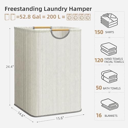 STORAGE MANIAC 2-Pack Large Laundry Hamper, 100L (26.4 Gal) Collapsible Laundry Basket with Bamboo Handles, Freestanding Waterproof Clothes Hamper for Laundry Room, Bedroom, Dorm, Towels, Stripe thumbnail 3