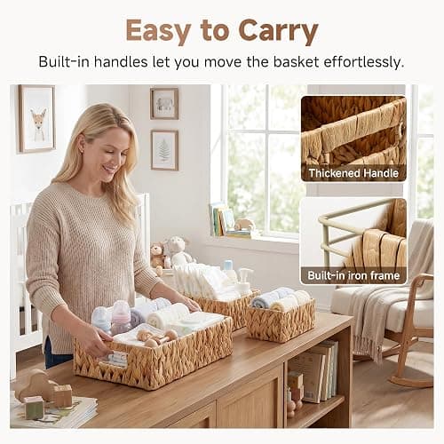StorageWorks Pantry Baskets for Shelves 3 Pack, Rectangular Wicker Basket with Handles, Natural Water Hyacinth Woven Baskets for Living Room, Toilet, Shelf Storage Basket for Home Decor thumbnail 4