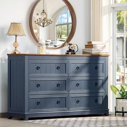 Joaxswe 6 Drawers Dresser for Bedroom, Farmhouse 54 Inch Wide Wood Dresser Chest of Drawers, Vintage Design TV Stand, Rustic Storage Dressers Organizer for Bedroom, Living Room, Hallway - Navy Blue - Image 1