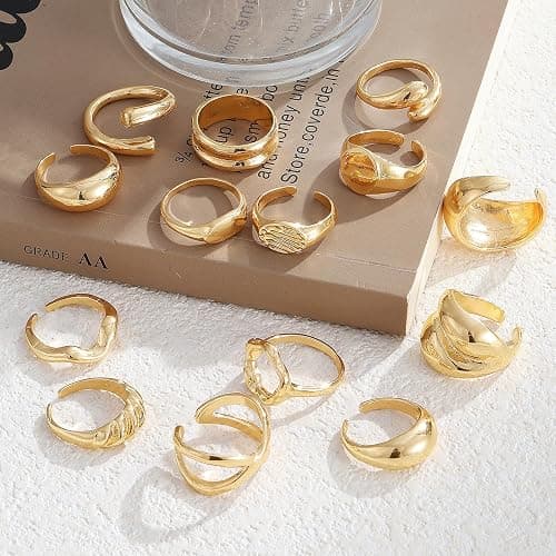 IFKM Gold Chunky Rings Set for Women 14k Gold Plated Thick Dome Stackable Open Rings Trendy Dainty Minimalist Jewelry Gifts - Gold - Flatbed wide format thumbnail 5