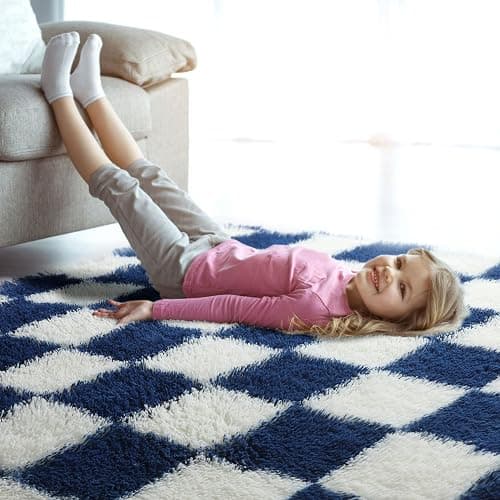 KICMOR Navy Blue and Cream White Rugs for Living Room, 4x6 Fluffy Fuzzy Shag Checkered Rug Shaggy Carpet for Bedroom, Soft Plush Area Rug for Nursery Toddler Room Classroom Study Room Kids Room thumbnail 8
