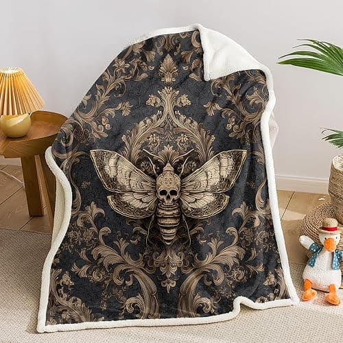 AILONEN Death Moth Throw Blanket,Gothic Moth Skull Fleece Sherpa Blanket Bed/Sofa Decor,Horror Themed Gold Floral Blankets for Boys Girls, 59 x 47 Inches - Image 1