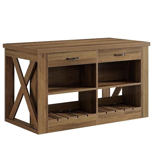 Tribesigns Kitchen Island with Storage and Seating, 55" Farmhouse Stationary Island Table, Wooden Kitchen Bar Table with 2 Drawers and Open Shelf, Brown thumbnail 9