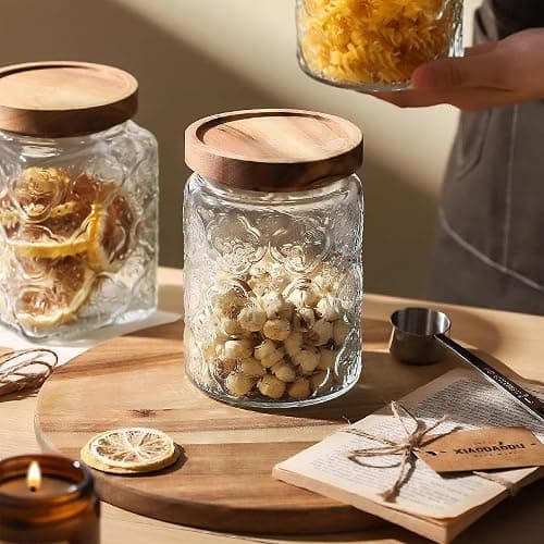Custde Vintage Glass Jar with Wooden Lid, 23.7 fl oz - Airtight Decorative Food Storage Canisters for Kitchen Counter, Ideal for Candy, Sugar, Coffee, Cookies thumbnail 9