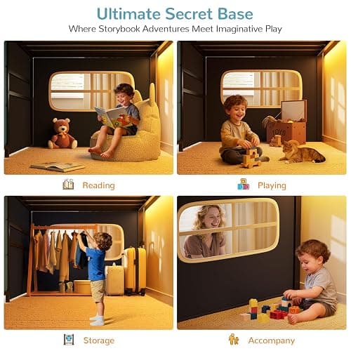 Twin Low Loft Bed for Kids with Built-in Desk, 6 Storage Drawers, Open Bookshelf, Under-Bed Play Tent with LED Lights, Metal Twin Size Loft Beds with Safety Guardrail & Inclined Ladder, Blue and Black thumbnail 6