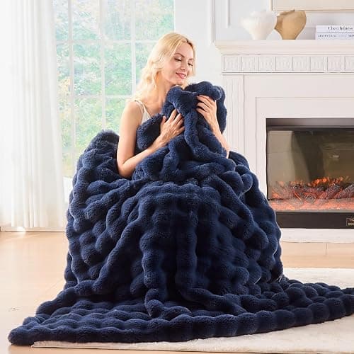 BENVWE Fluffy Faux Fur Throw Blanket for Couch, Soft Plush Thick Cozy Fuzzy Luxury Minky Bubble Blanket for Home Living Room Decor Gift for Women, Navy Blue, 63" x 80", 1100GSM thumbnail 8