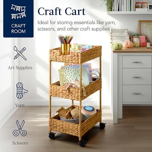 Best Choice Products 3-Tier Water Hyacinth Rolling Nursery Caddy w/Wheels, Utility Cart, Storage Organization for Bathroom, Craft Room, Laundry Room - Natural thumbnail 7
