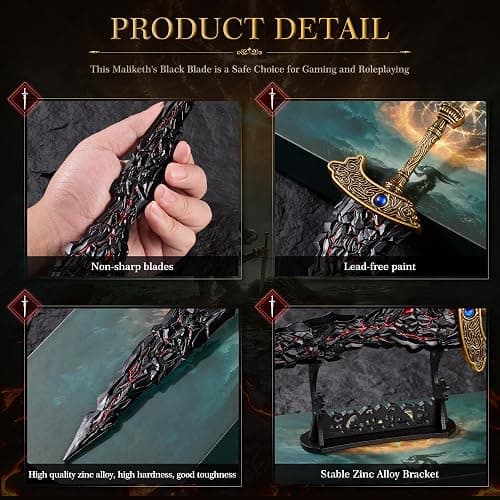 RACEROCKET Eldens Rings Maliketh's Black Blade Sword Model – 11.8-Inch Metal Craft Sword, Peripheral Prop with Display Stand, Action Figure Collectible Toy, Desk Decor, Gift thumbnail 3