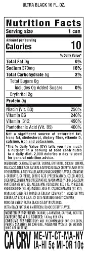Monster Energy Ultra Black, Sugar Free Energy Drink, 16 Ounce (Pack of 15) thumbnail 2