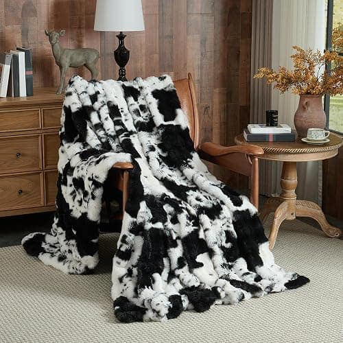 Lotus Karen Faux Fur Throw Blanket Cow Print-Black, Fluffy Fuzzy Plush Bubble Blanket for Couch, 60x50 Inches Cozy Shaggy Rabbit Blanket, Luxury Decorative Gifts for Sofa Bedroom Living Room. thumbnail 4