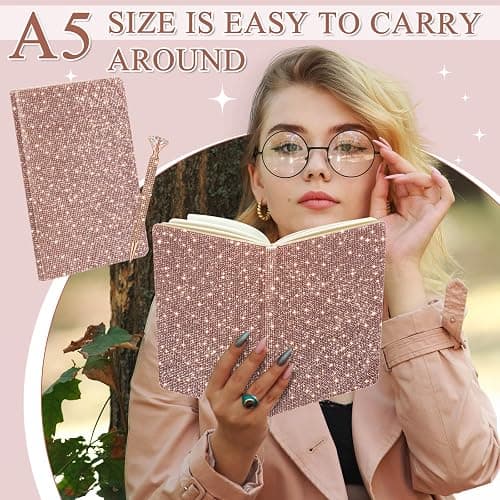 Resholder Rose Gold A5 Rhinestone Notebook & Pen Set Bling Diary for Girls | Hard Cover Glitter Journal for Women, Sparkly Desk Accessories Gift for Women, Cute Classroom Supplies for Back to School thumbnail 4