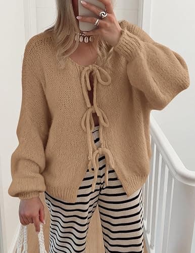 PRETTYGARDEN Women's Tie Front Bow Cardigan Sweaters Chunky Knit Long Puff Sleeve Trendy Fall Winter Jacket Coats thumbnail 5