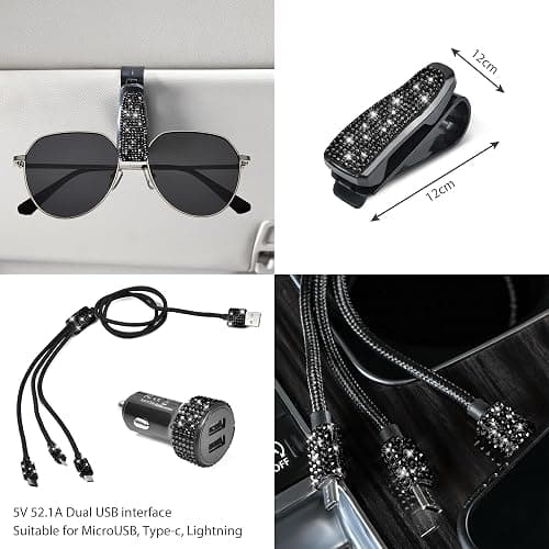 CAR PASS 30 PCS Bling Diamond Car Accessories Set for Women, Bling Steering Wheel Covers 15 Inch, Shining Rhinestone License Plate Frame, Sparkly Phone Holder, Cute Interior Set Decorations, Black thumbnail 6