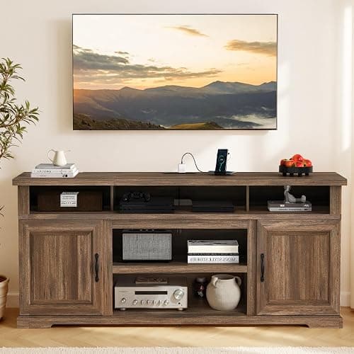 Marsail 70" Rustic Farmhouse TV Stand, Entertainment Center Fits TVs up to 80 Inch, Storage Cabinets, Adjustable Shelves & Built-in Power Outlets, for Living Room, Dark Brown thumbnail 2