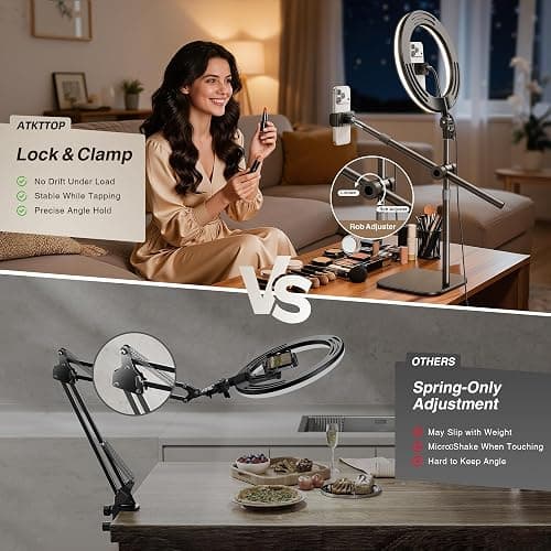 Overhead Phone Mount,Overhead Camera Mount Stand[Anti-Shaking] with 10.5" Ring Light,Desk Stand for iPhone with Ring Light for Video Recording,Zoom Meeting,YouTube,TikTok thumbnail 2