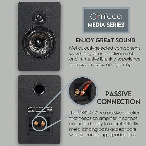 Micca MB42X G2 Passive Bookshelf Speakers for Home Theater Surround Sound, Stereo, and Passive Near Field Monitor, 2-Way (Black, Pair) thumbnail 2