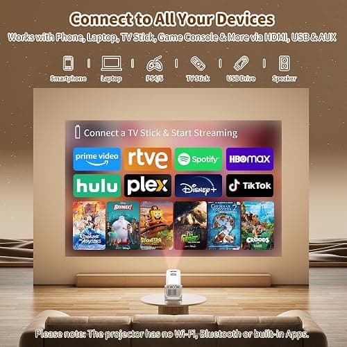 Mini Projector with 4K Support, Portable Projector with Electric Focus & Keystone, 270° Rotatable Stand, Short Throw Home & Outdoor Movie Projector Compatible with TV Stick, Phone & Laptop thumbnail 2