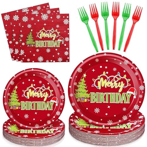 Havawish 96 Pcs Merry Birthday Tableware, Xmas Birthday Plates and Napkins | Red Christmas Decoration with Disposable Plates, Napkins, Forks, Merry Birthday Decoration, Holiday, New Year Party Supplies - Image 1