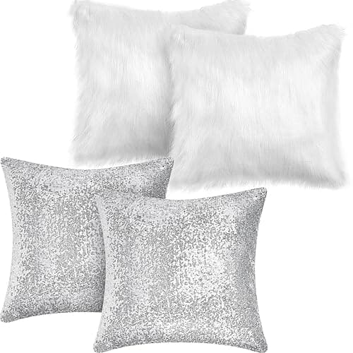 Irenare 4 Pcs Sequin and Fluffy Pillow Covers Winter Throw Pillow Cases Soft Cushion Cover for Couch Bed Sofa Xmas Day(18 x 18 Inch,White, Silver) - Image 1