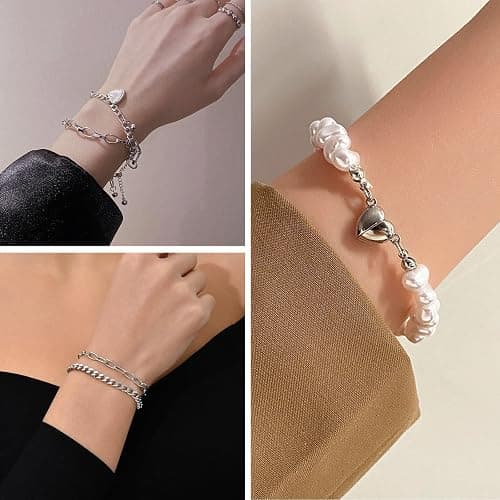 IFKM 36 PC Silver Plated Jewelry Set With 3 Necklace, 12 Bracelet, 7 Ear Cuffs Earring, 14 Knuckle Rings For Women Girls Valentine Anniversary Birthday Friendship Gift thumbnail 4
