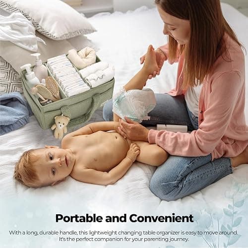PeraBella Baby Diaper Caddy Organizer, Baby Organizers and Storage for Changing Table, Babies Shower Gift Basket for Boy &Girl, Nursery Essentials Car Caddy Organizer with Handle, Green Diaper Basket thumbnail 6