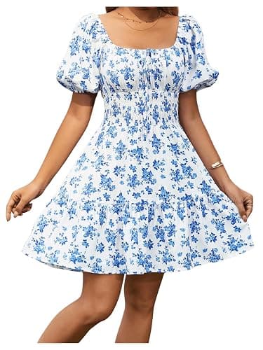 Floerns Women's Boho Square Neck Puff Short Sleeve Self Tie Front A Line Dress thumbnail 4
