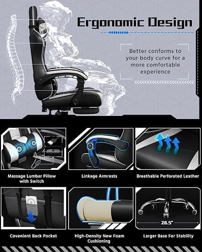 Yaheetech Gaming Chair, Video Game Chair with Massage Lumbar Support and Footrest Height Adjustable Ergonomic Computer Gaming Chair with Swivel Seat and Headrest, Black/White thumbnail 3