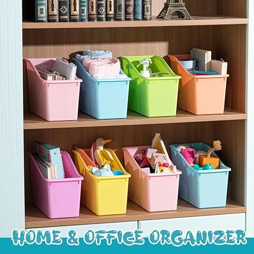 Geetery 12 Pcs Book Bin for Classroom with Labels Stackable Plastic Organizing Bins 11.5 x 5.4 x 7.5 in Book Holders Storage Bins Box Baskets for Classroom Library Home (Pastel Color) thumbnail 3