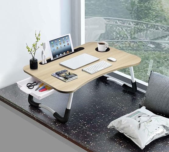 Slendor Lap Desk with Tablet Slot, Foldable Laptop Table with Storage Drawer，Portable Bed Desk for Laptop, Computer Tray with Cup Holder Notebook Stand Reading Holder for Couch Floor, White Maple thumbnail 2
