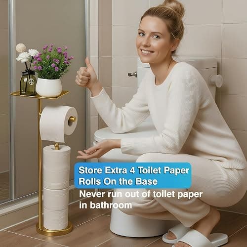 Gold Toilet Paper Holder with Shelf, Freestanding Tissue Holder Stand with Storage Space for Extra 4 Toilet Paper Rolls (Stainless Steel Base, Gold) thumbnail 5