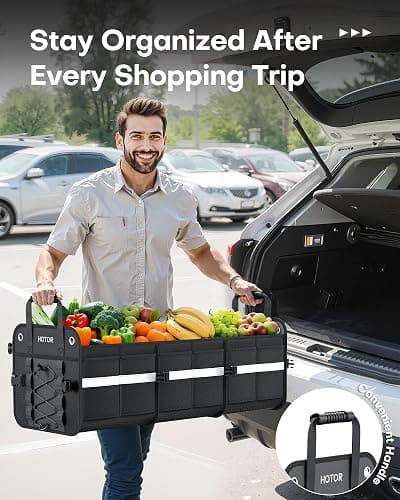 HOTOR Trunk Organizer for SUV – Car Storage Box with Reflective Strips, Collapsible Car Organizer with Large Capacity, Essential Car Accessories for Truck, Van & Sedan, Black, 33.1" x 13.0" x 12.0" thumbnail 9