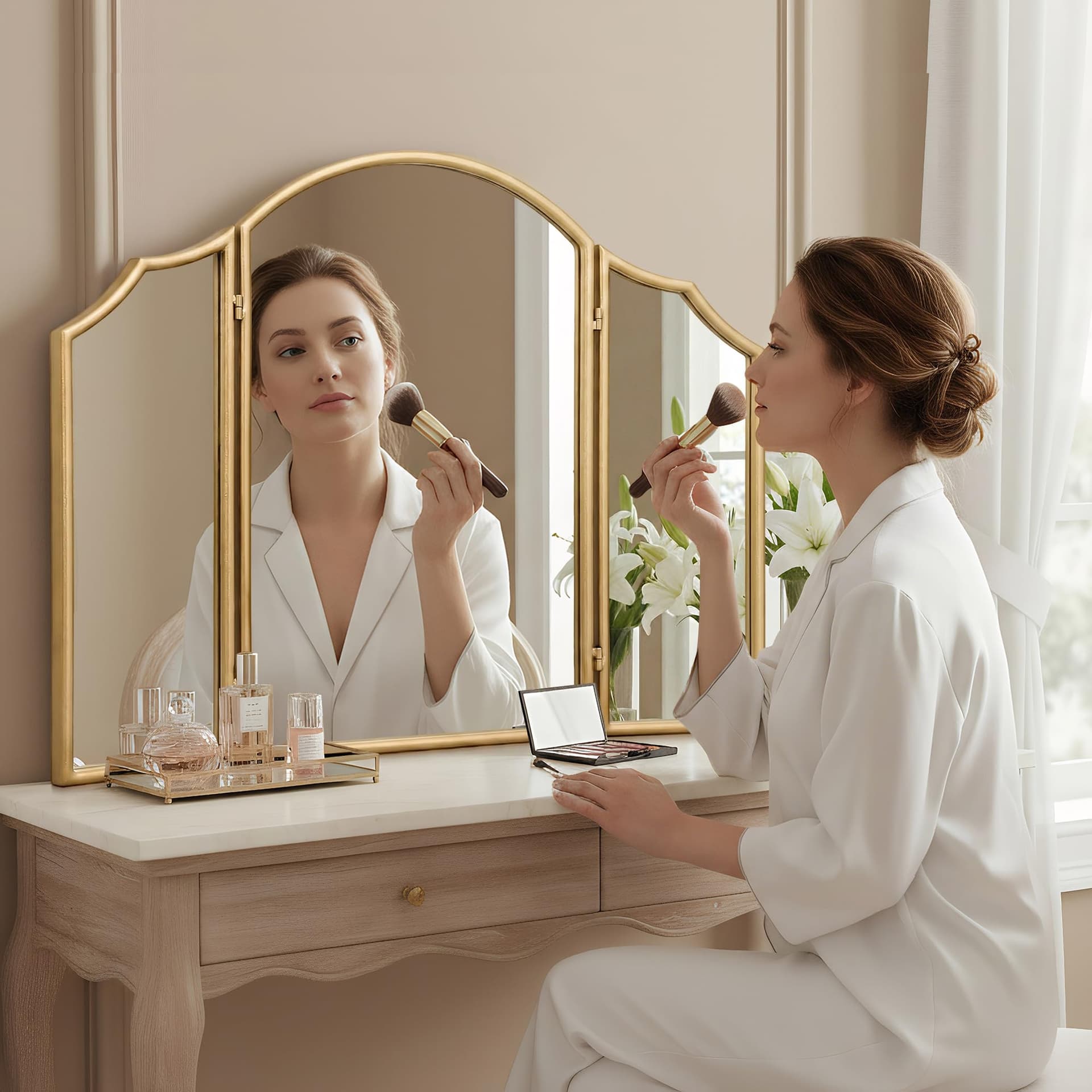 Besdomus Gold Scalloped Vanity Mirror: 36"x24" Large Modern Three Sided Dresser Miror - Minimalist Wood Frame 3 Way Trifold Mirrors for Bedroom/Cloakroom/Dressing Room - Home Decor for Housewife thumbnail 2